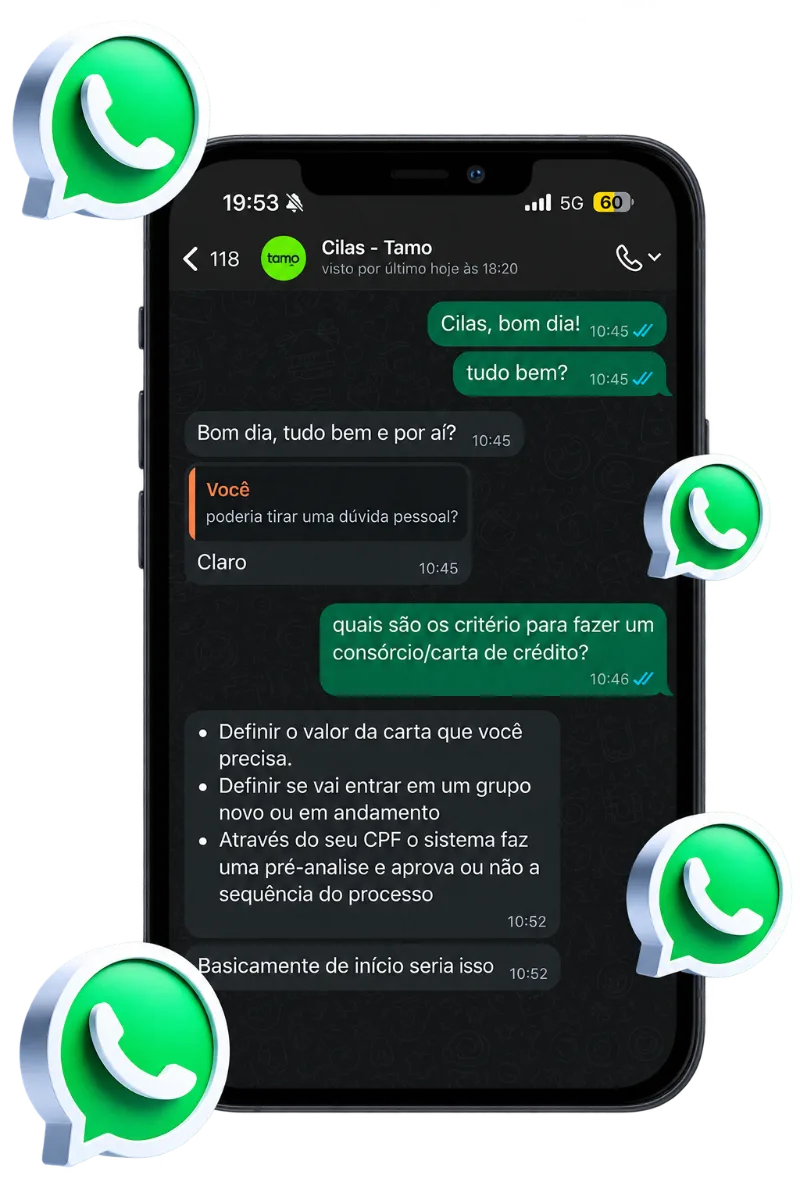 Celular mostrando conversa de atendimento da TAMO pelo WhatsApp
